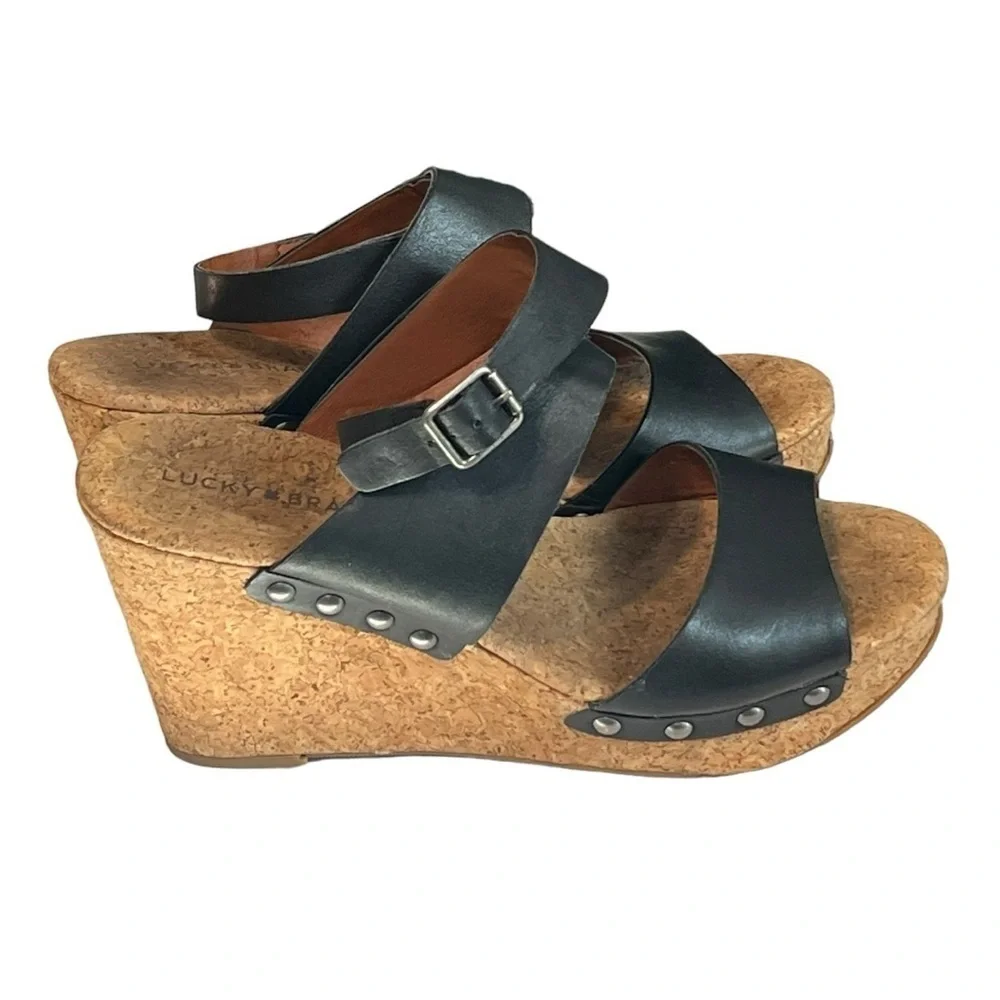 Lucky Brand Moran Cork Wedge Sandals Black Leather Studded Platform Size 8.5
